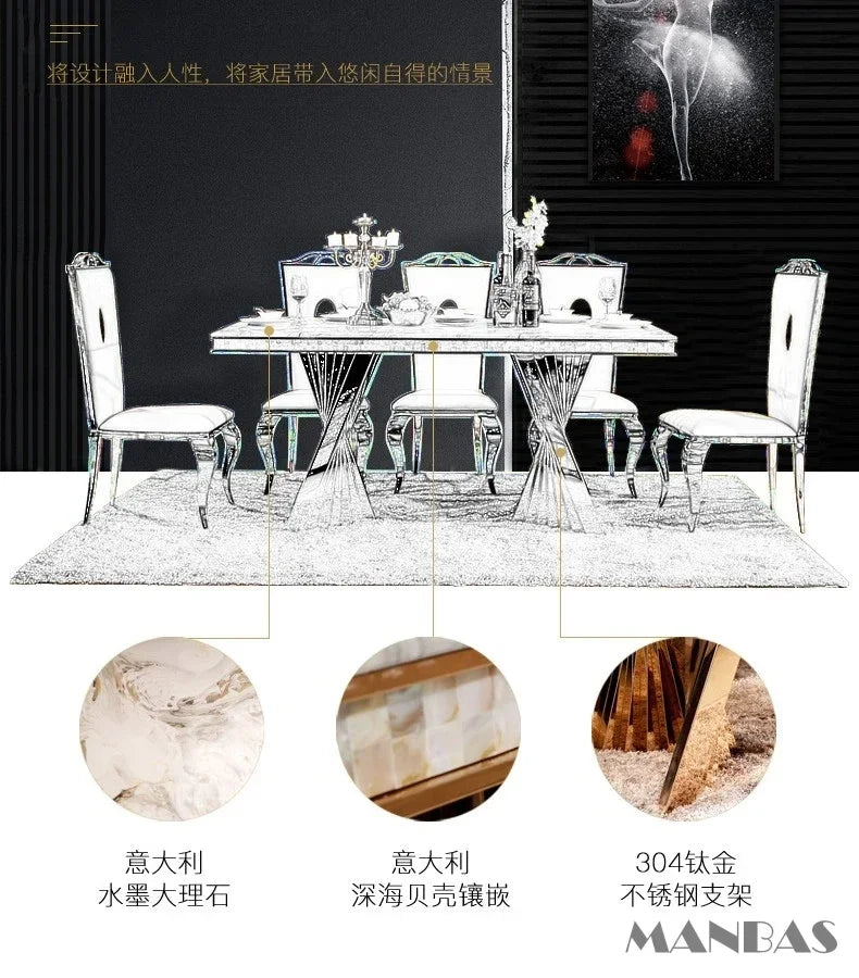 Luxury Dining Set – Stainless Steel & Genuine Leather Chairs with Marble Table