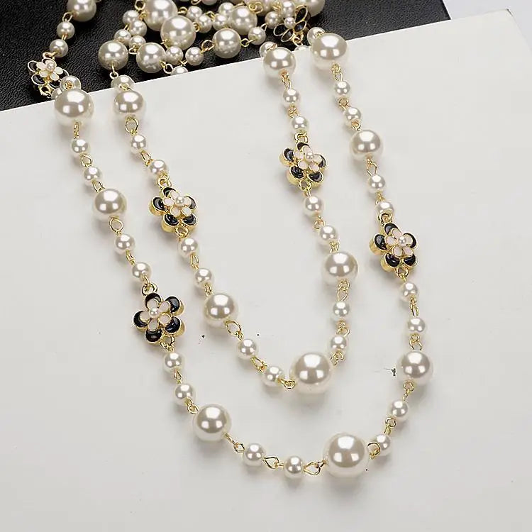 Vintage Camellia Pearl Double Layer Long Necklace – Elegant Women’s Jewelry