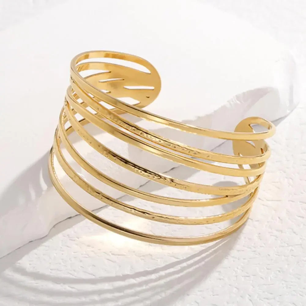 Geometric Lines Open Cuff Bracelet – 18K Gold Stainless Steel Adjustable Bangle