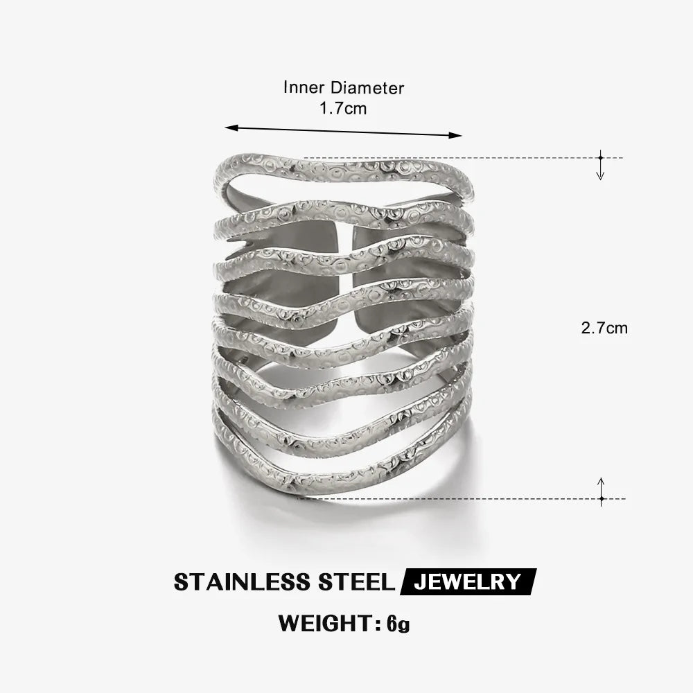Multilayer Geometric Lines Open Ring – Gold Stainless Steel Adjustable Women’s Ring