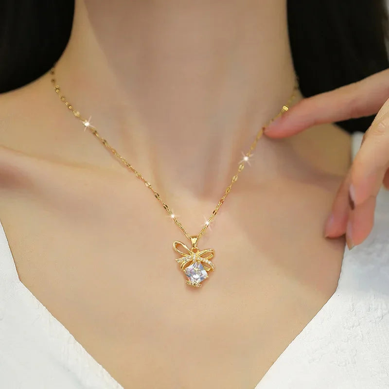 Bow Lock LOVE Zircon Pendant Necklace – Stainless Steel Clavicle Chain for Women