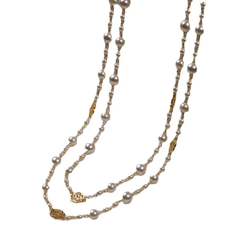 Vintage Camellia Pearl Double Layer Long Necklace – Elegant Women’s Jewelry