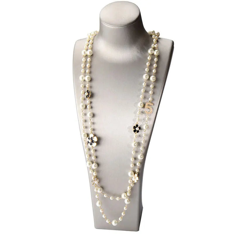 Vintage Camellia Pearl Double Layer Long Necklace – Elegant Women’s Jewelry
