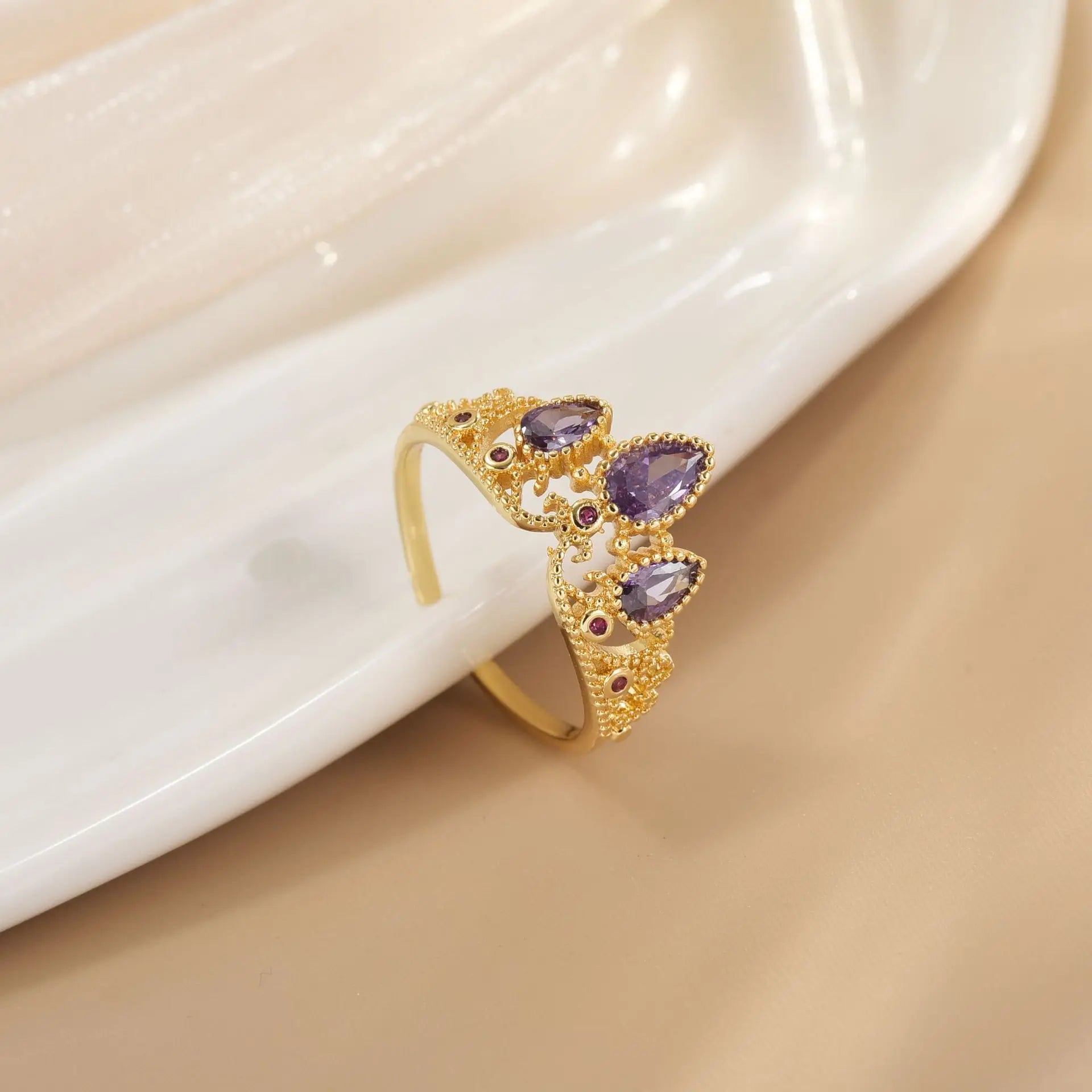 Princess Crown Ring – Gold Plated Adjustable Crystal Ring for Women