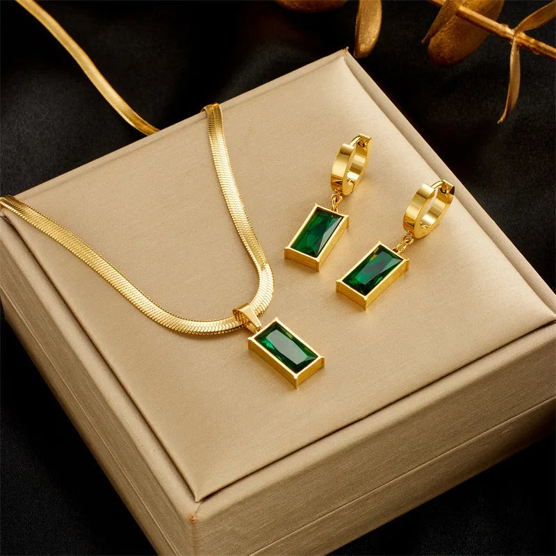 Green Crystal Zircon Jewelry Set – Stainless Steel Necklace & Earrings for Women