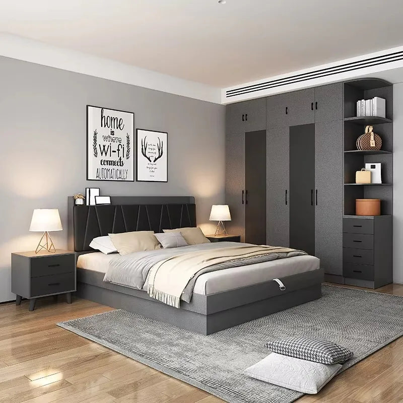 Luxury Wood Bedroom Set – Bed Frame with Wardrobe & Storage | Modern European Style