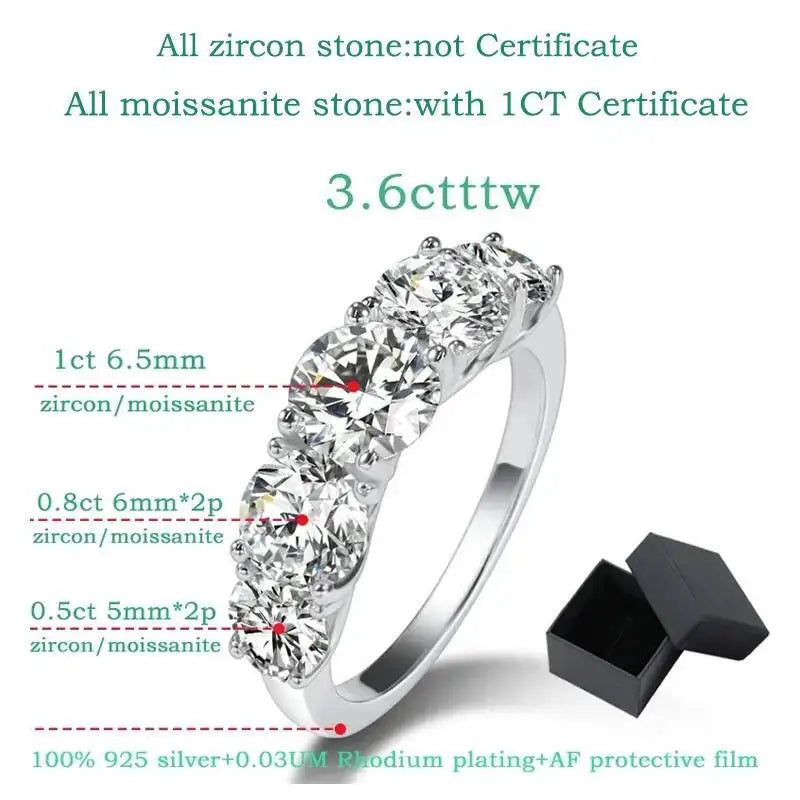 3.6CT Moissanite 5-Stone Wedding Ring – 925 Sterling Silver Sparkling Band for Women