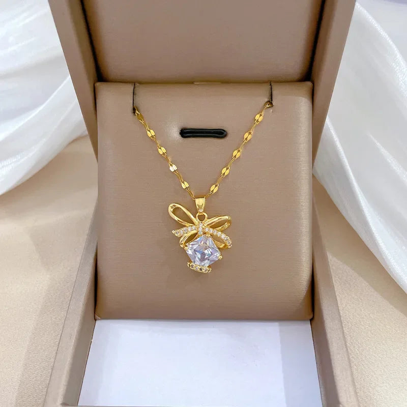 Bow Lock LOVE Zircon Pendant Necklace – Stainless Steel Clavicle Chain for Women
