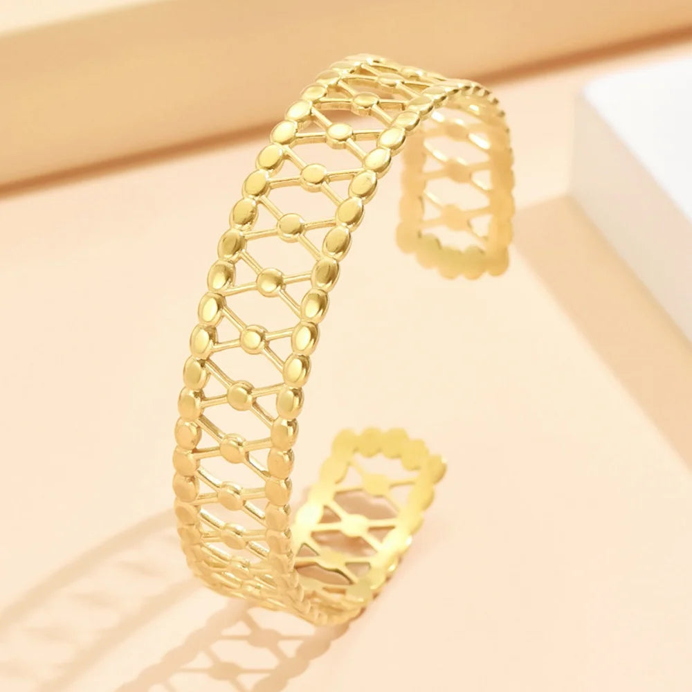 Hollow Geometric Lines Open Cuff Bangle – Vintage Gold Stainless Steel for Women