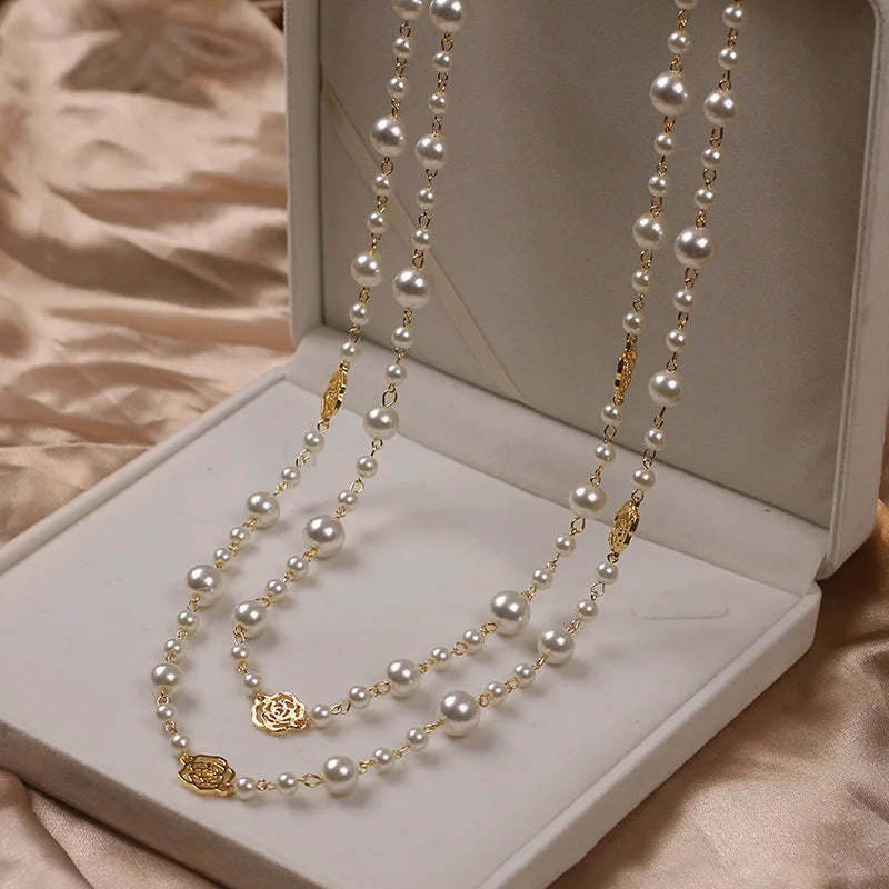 Vintage Camellia Pearl Double Layer Long Necklace – Elegant Women’s Jewelry