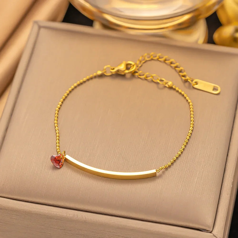 Red Love Heart Bead Bracelet – Gold Stainless Steel Wrist Chain for Women