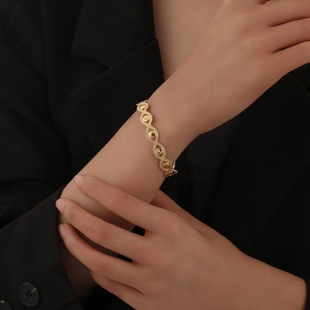 Evil Eye Open Cuff Bracelet – Gold & Silver Stainless Steel Minimalist Bangle