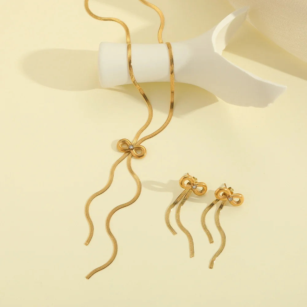 Bowknot Tassel Jewelry Set – Gold Necklace & Earrings