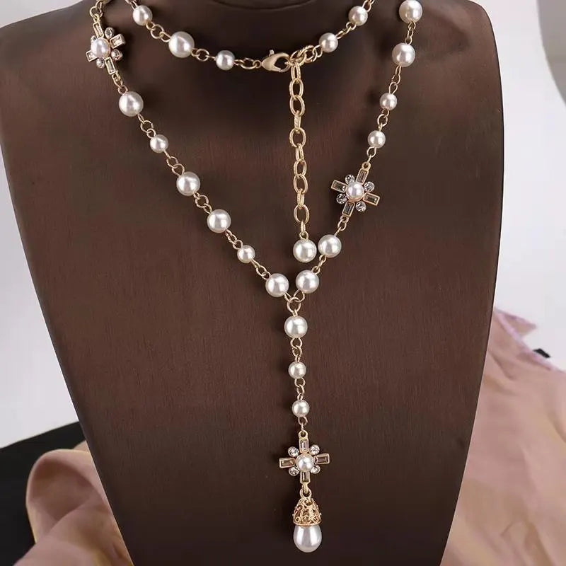 Vintage Camellia Pearl Double Layer Long Necklace – Elegant Women’s Jewelry