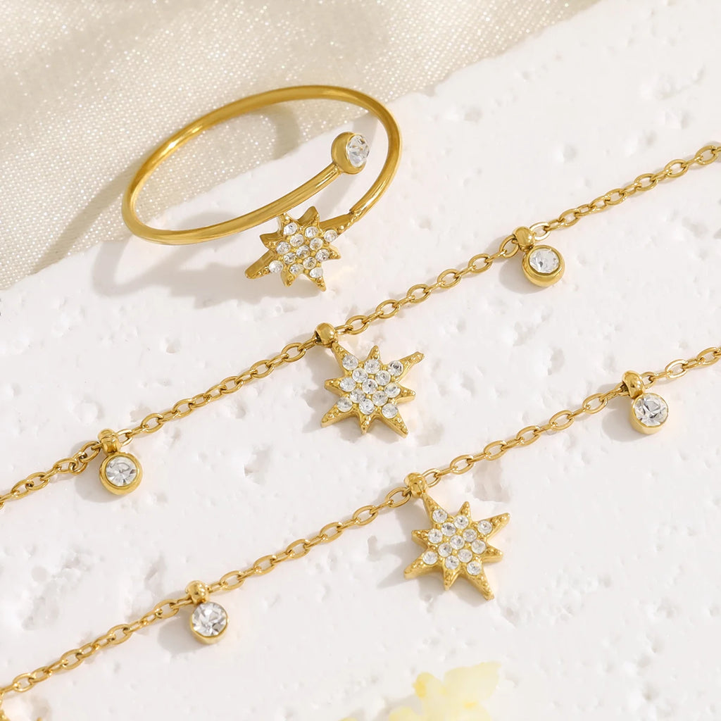 Crystal Star Jewelry Set – 18K Gold Stainless Steel, Necklace & Bracelet