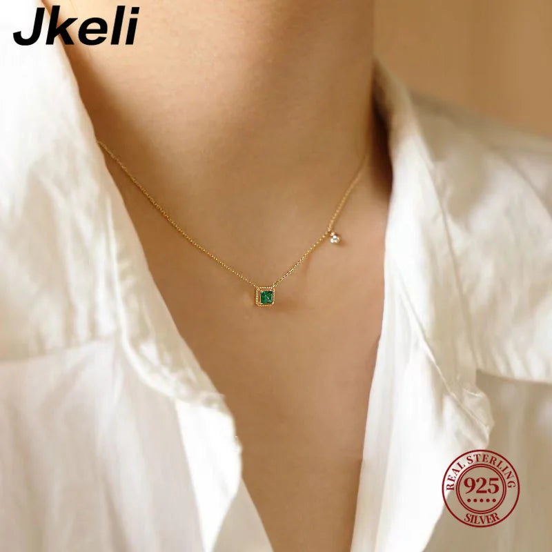 Emerald Crystal Chain Necklace – S925 Sterling Silver 14K Gold Plated Light Luxury