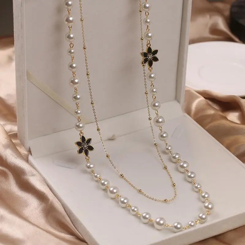 Vintage Camellia Pearl Double Layer Long Necklace – Elegant Women’s Jewelry