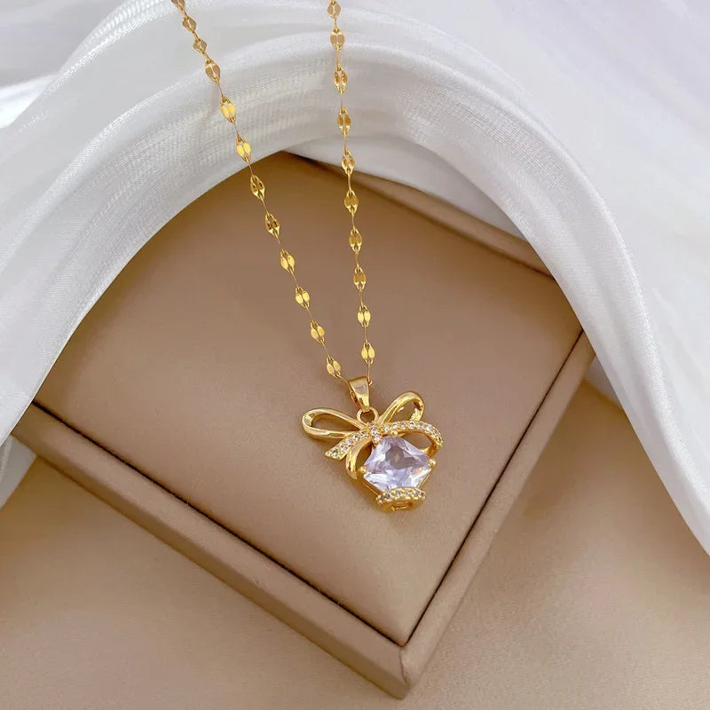 Bow Lock LOVE Zircon Pendant Necklace – Stainless Steel Clavicle Chain for Women