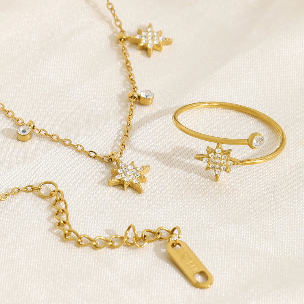 Crystal Star Jewelry Set – 18K Gold Stainless Steel, Necklace & Bracelet