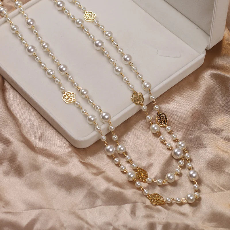 Vintage Camellia Pearl Double Layer Long Necklace – Elegant Women’s Jewelry