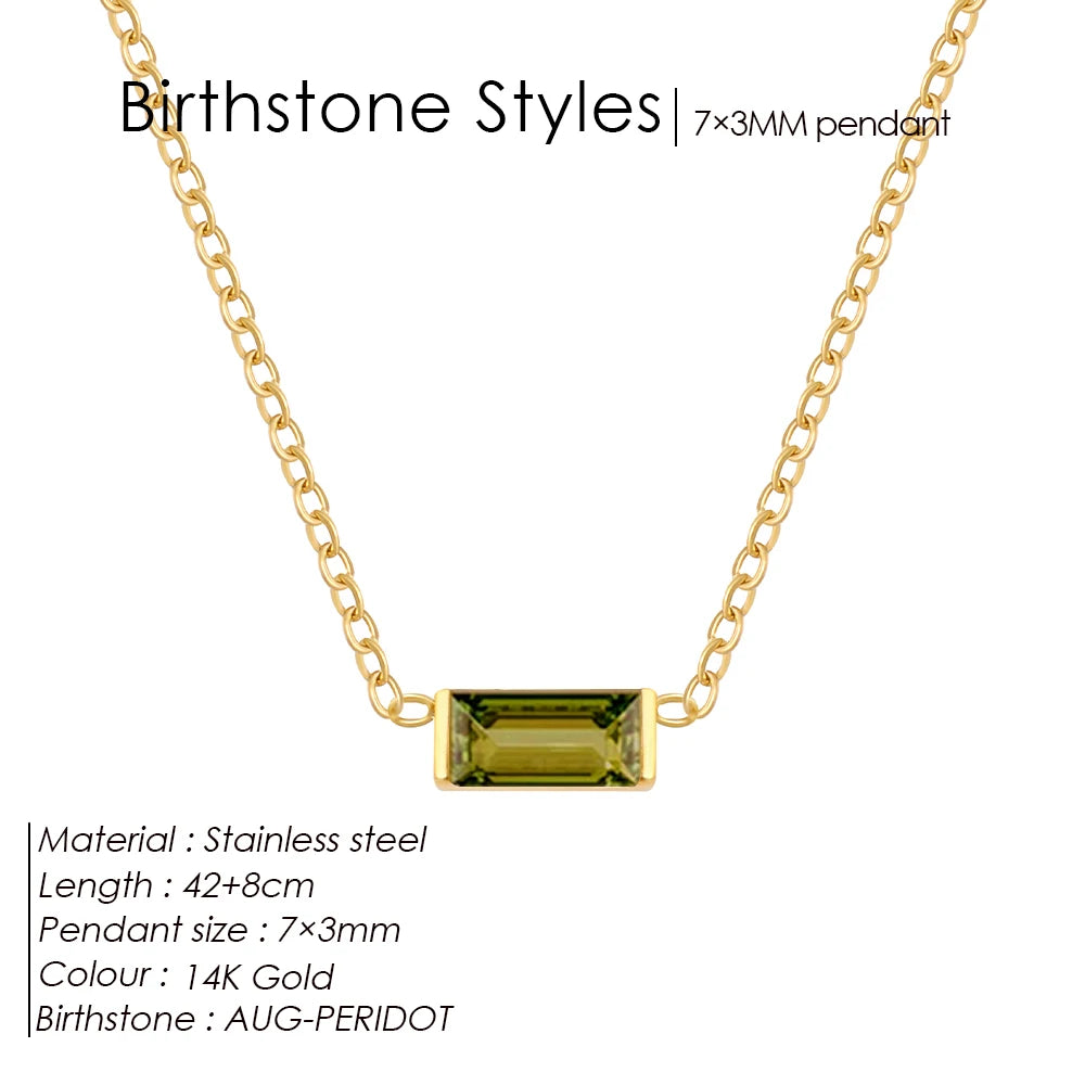 Birthstone Necklace – 12 Month Rectangle Charm 14K Gold Stainless Steel