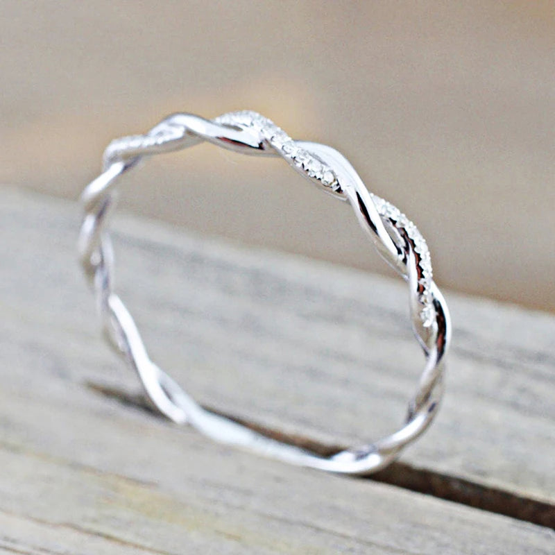 Dainty Winding Crystal Ring – Thin Temperament Silver Engagement Ring for Women