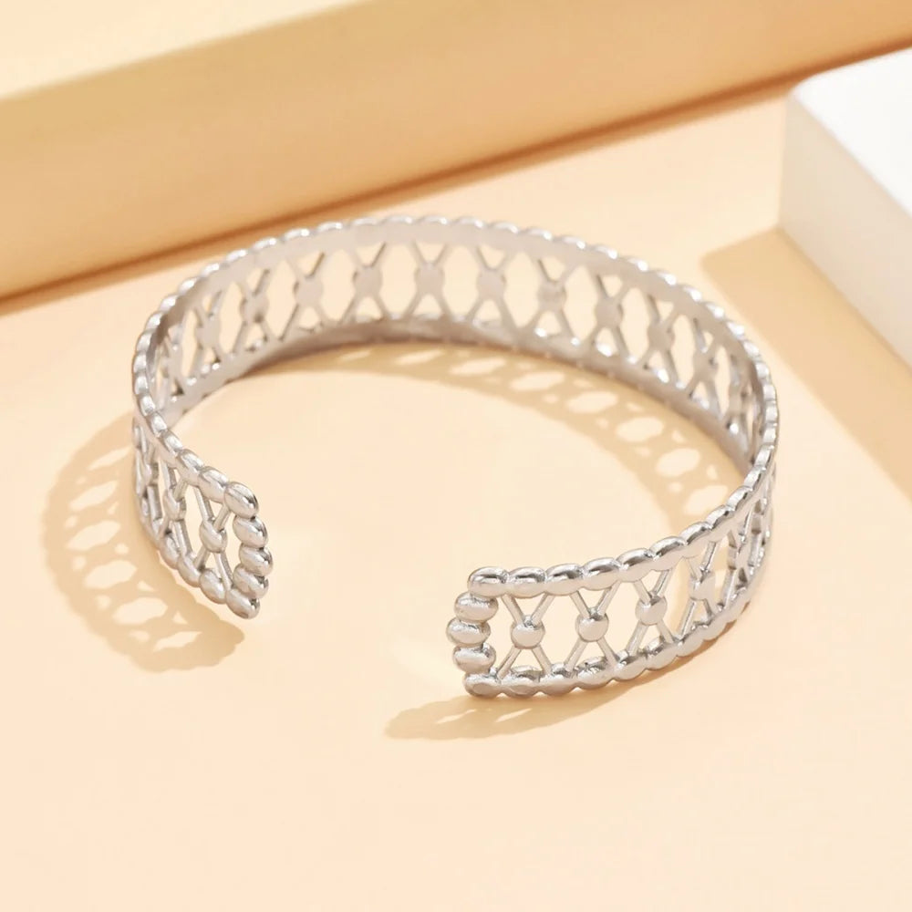 Hollow Geometric Lines Open Cuff Bangle – Vintage Gold Stainless Steel for Women