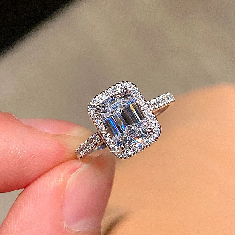 Emerald Cut CZ Engagement Ring – 925 Sterling Silver | 2CT Zircon | Women