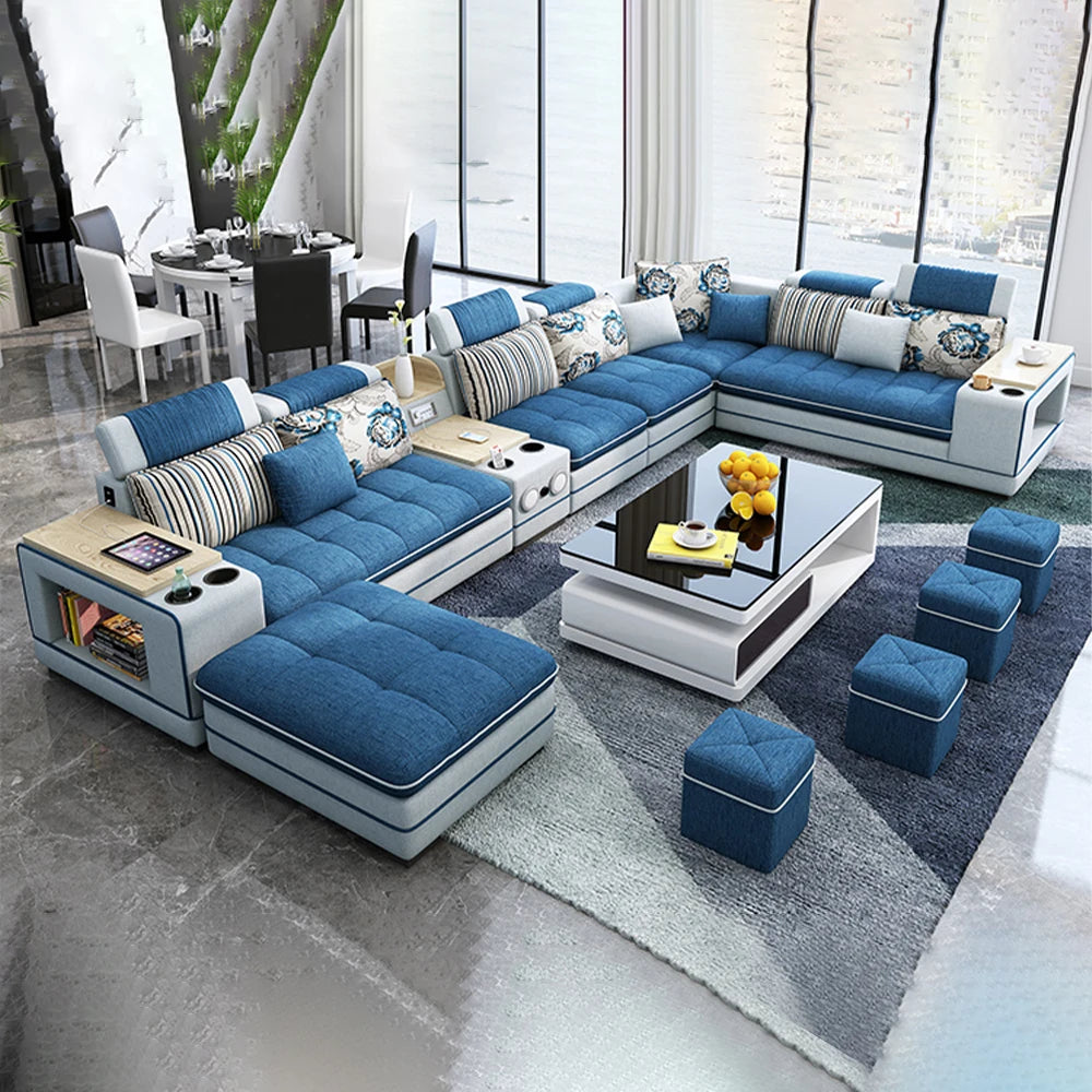 Luxury U-Shaped Sectional Sofa – Fabric, Storage, Cup Holders & Ottoman