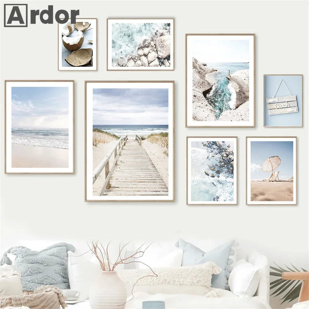 Tropical Beach Canvas Wall Art – Blue Sea Wave & Shell Poster