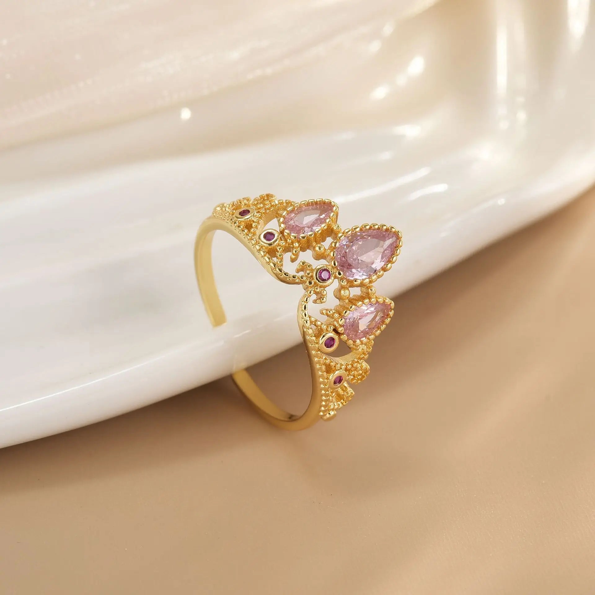 Princess Crown Ring – Gold Plated Adjustable Crystal Ring for Women