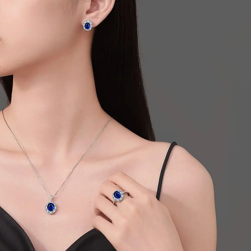 Blue Sapphire Jewelry Set – 925 Sterling Silver Necklace, Earrings & Ring for Women