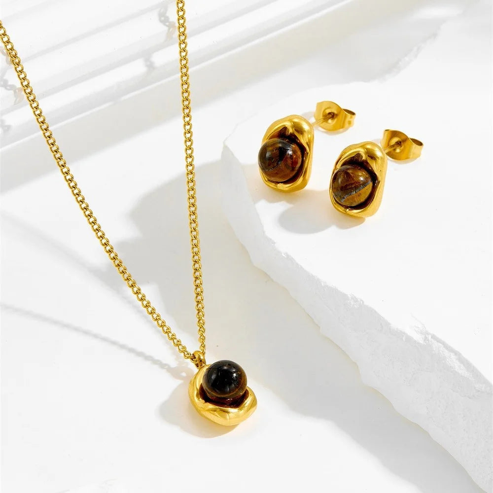 Tiger’s Eye Pendant Jewelry Set – Maillard Style Stainless Steel Necklace & Earrings