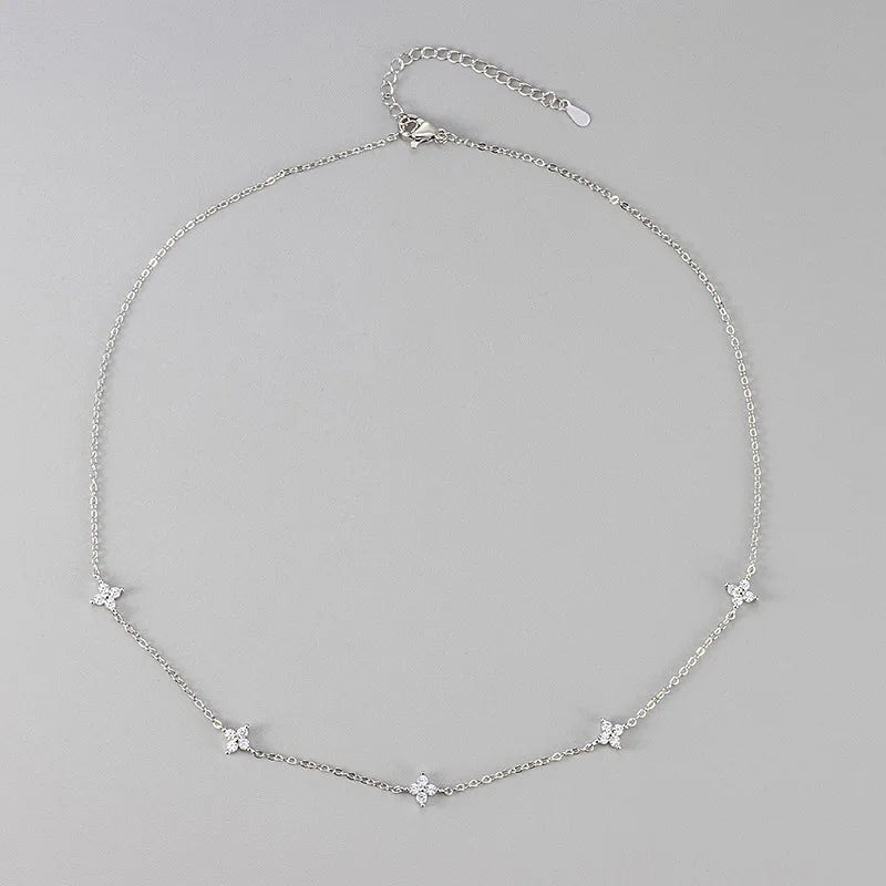 Four Leaf Clover Zircon Necklace – 18K Gold Stainless Steel Lucky Charm for Women