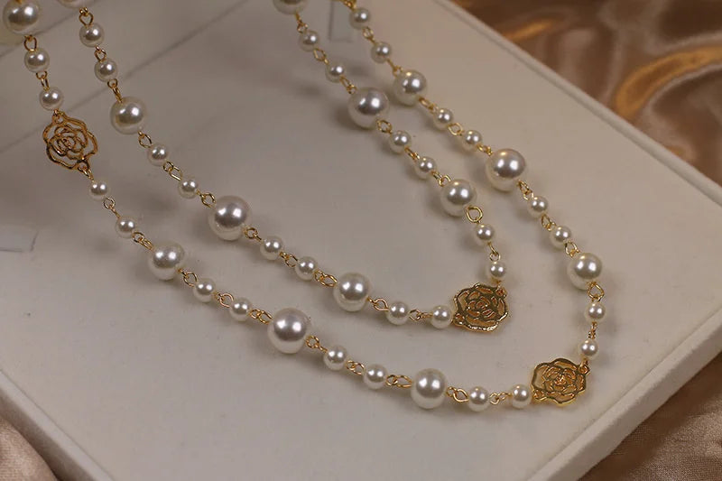 Vintage Camellia Pearl Double Layer Long Necklace – Elegant Women’s Jewelry