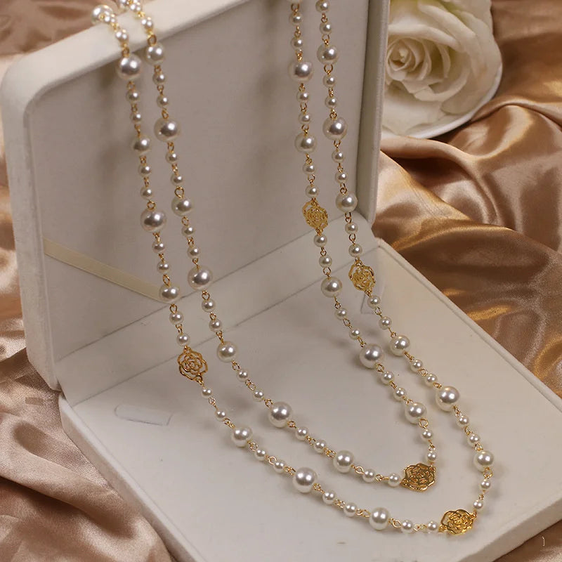 Vintage Camellia Pearl Double Layer Long Necklace – Elegant Women’s Jewelry