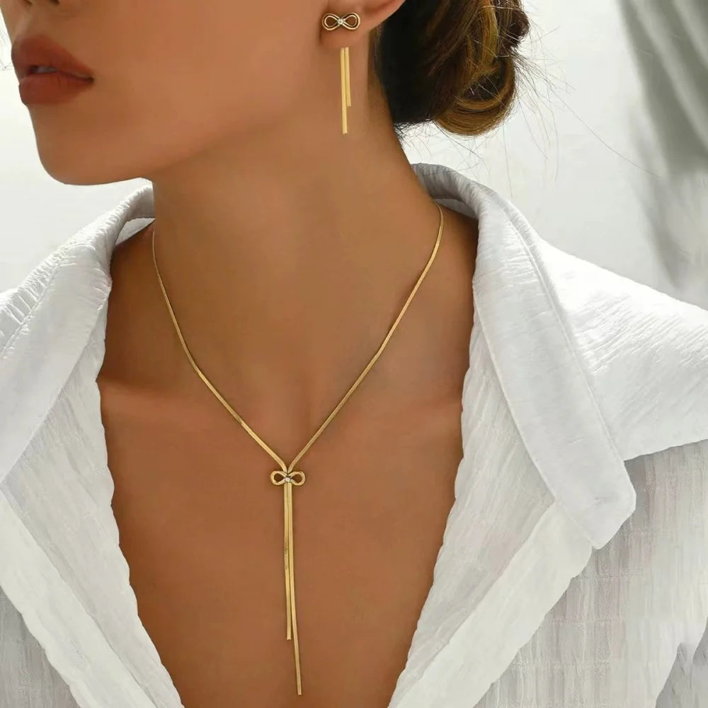 Bowknot Tassel Jewelry Set – Gold Necklace & Earrings