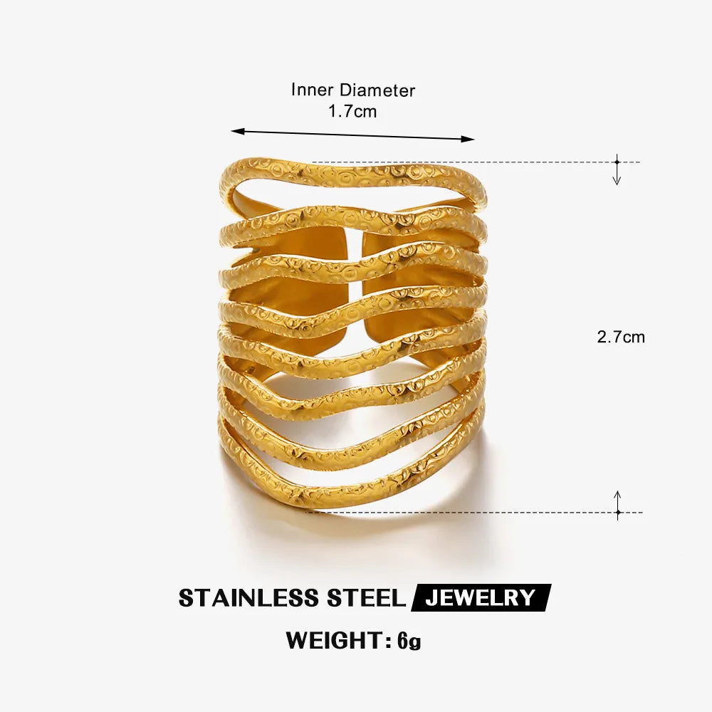 Multilayer Geometric Lines Open Ring – Gold Stainless Steel Adjustable Women’s Ring