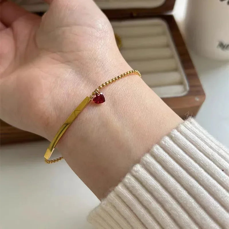 Red Love Heart Bead Bracelet – Gold Stainless Steel Wrist Chain for Women