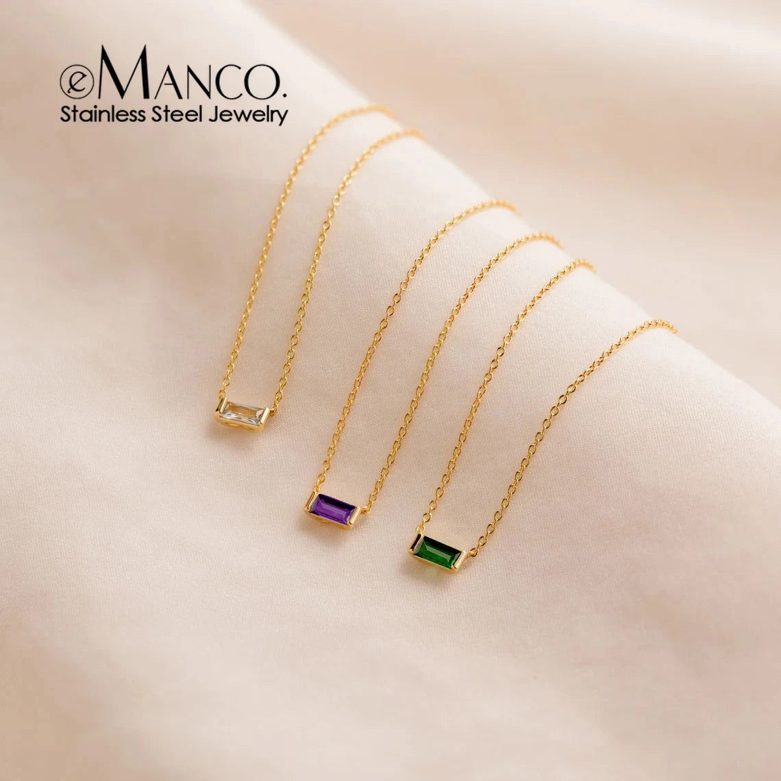 Birthstone Necklace – 12 Month Rectangle Charm 14K Gold Stainless Steel